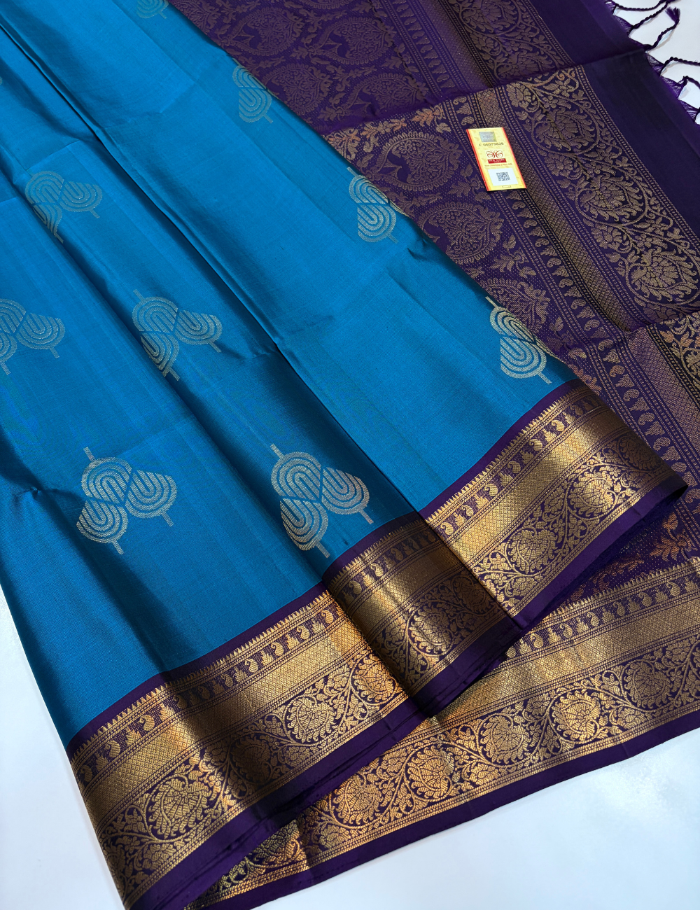 Peacock Blue & Royal Purple Kanchi Border Handloom Pure Softsilk Saree
