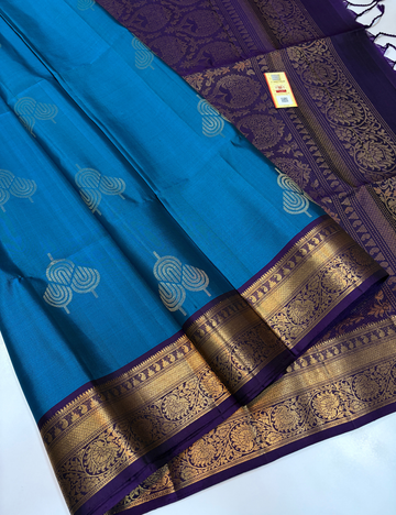 Peacock Blue & Royal Purple Kanchi Border Handloom Pure Softsilk Saree