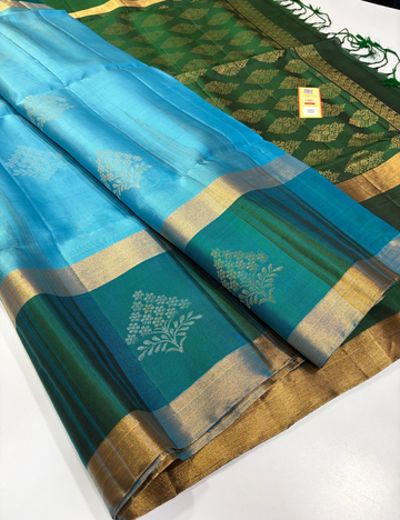 Tie & Dye Contrast Rettapet Border Meena Butta Handloom Pure Soft Silk Saree – Anantha Blue & Green