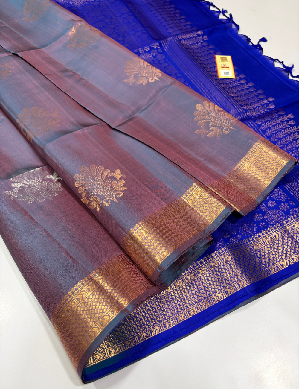 Dusty Mauve Steel Blue Dual Tone Royal Blue Pallu & Blouse Kanchi Border Handloom Pure Soft Silk Saree