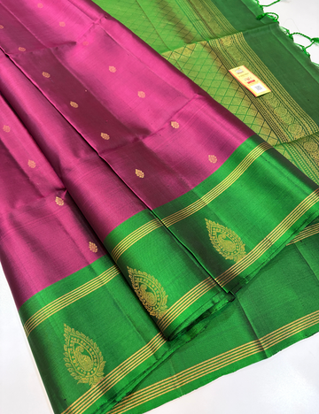 Wine Pink with Rich Emerald Green Contrast Handloom Pure Softsilk Saree with Silk Mark