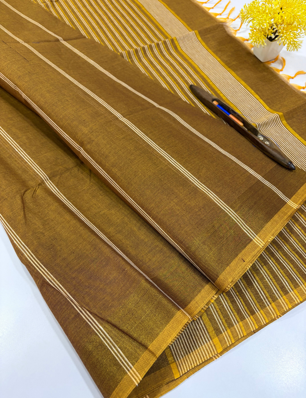 Deep Mustard Brown Pure Cotton Saree with Gold Jari Border