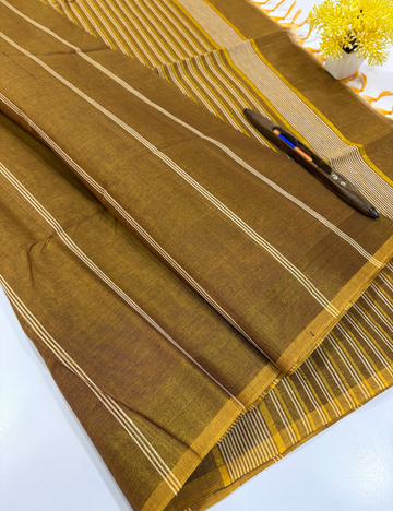 Deep Mustard Brown Pure Cotton Saree with Gold Jari Border