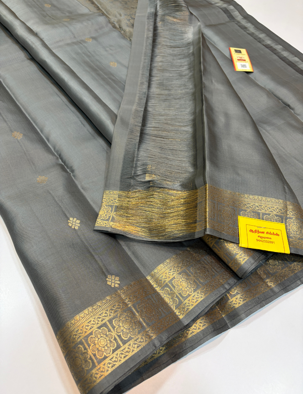 Pastel Grey Handloom Pure Soft Silk Saree with Silk Mark | Self Colour Kanchi Border with Gold Zari Buttas