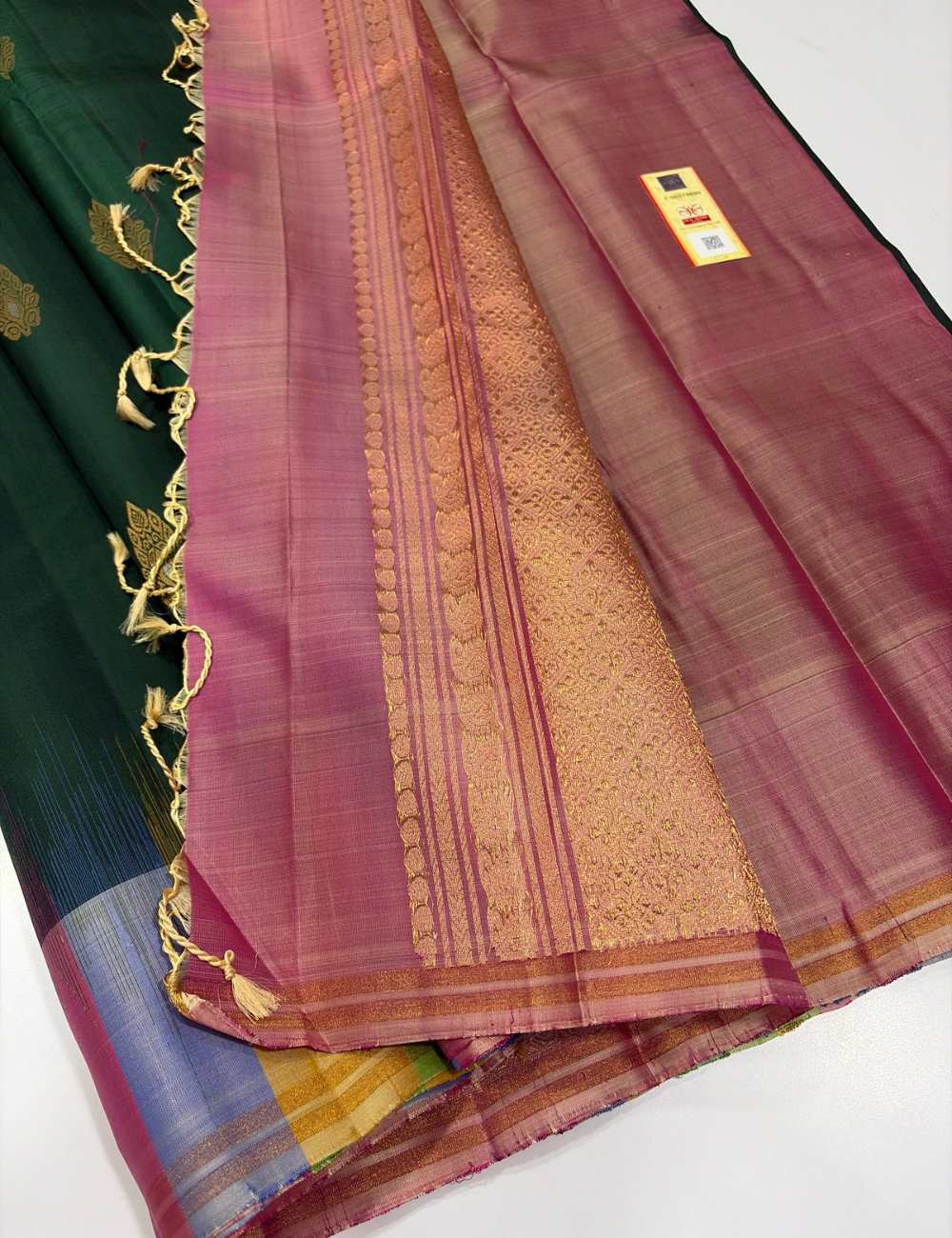 Bottle Green Handloom Pure Soft Silk Saree with Multi Colour Tie and Dye Contrast Border & Gold Zari Weaves | Silk Mark Certified