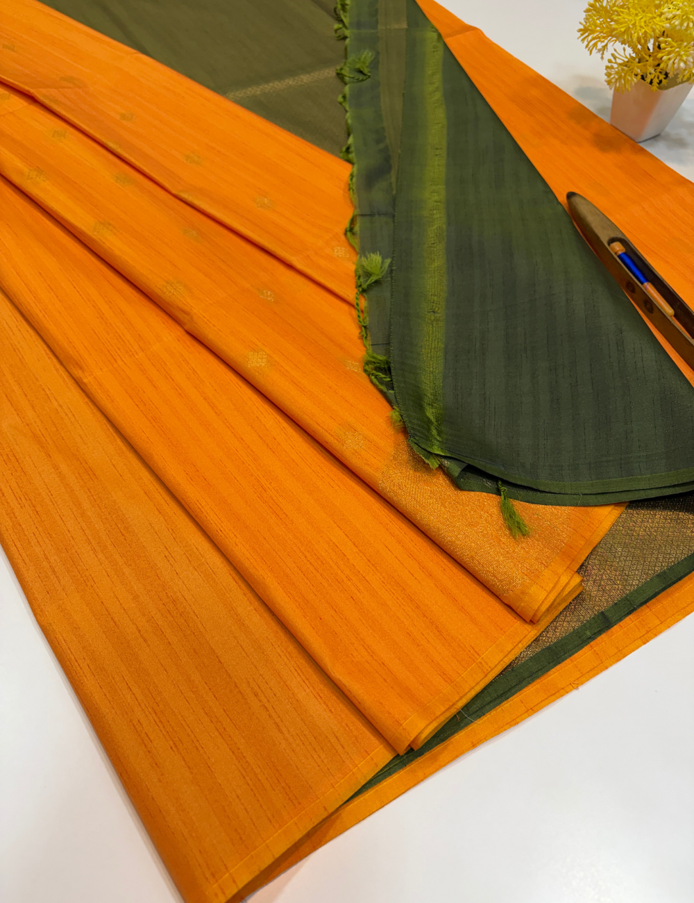 Aurelia Soft Silk Saree – Marigold Orange with Deep Bottle Green