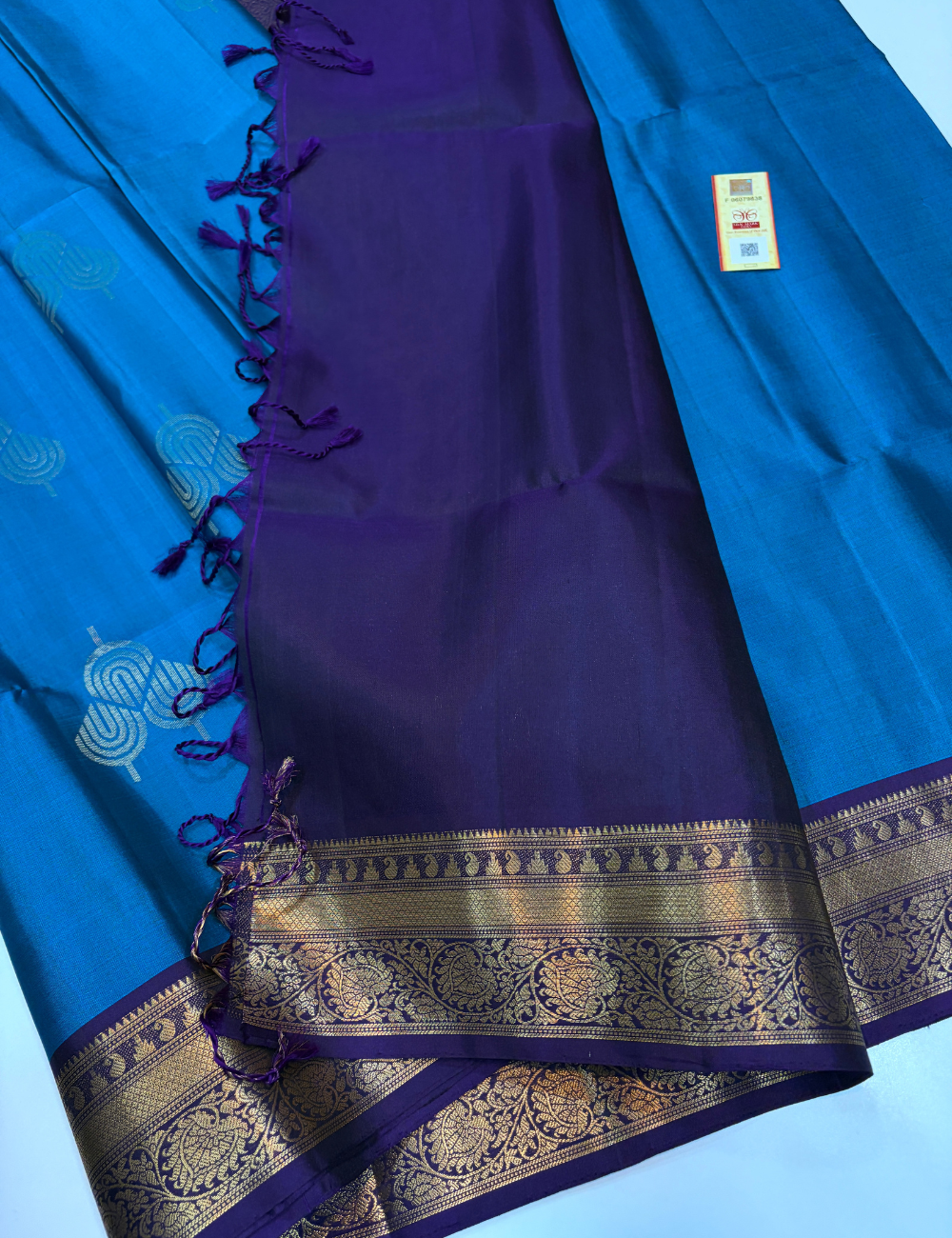 Peacock Blue & Royal Purple Kanchi Border Handloom Pure Softsilk Saree