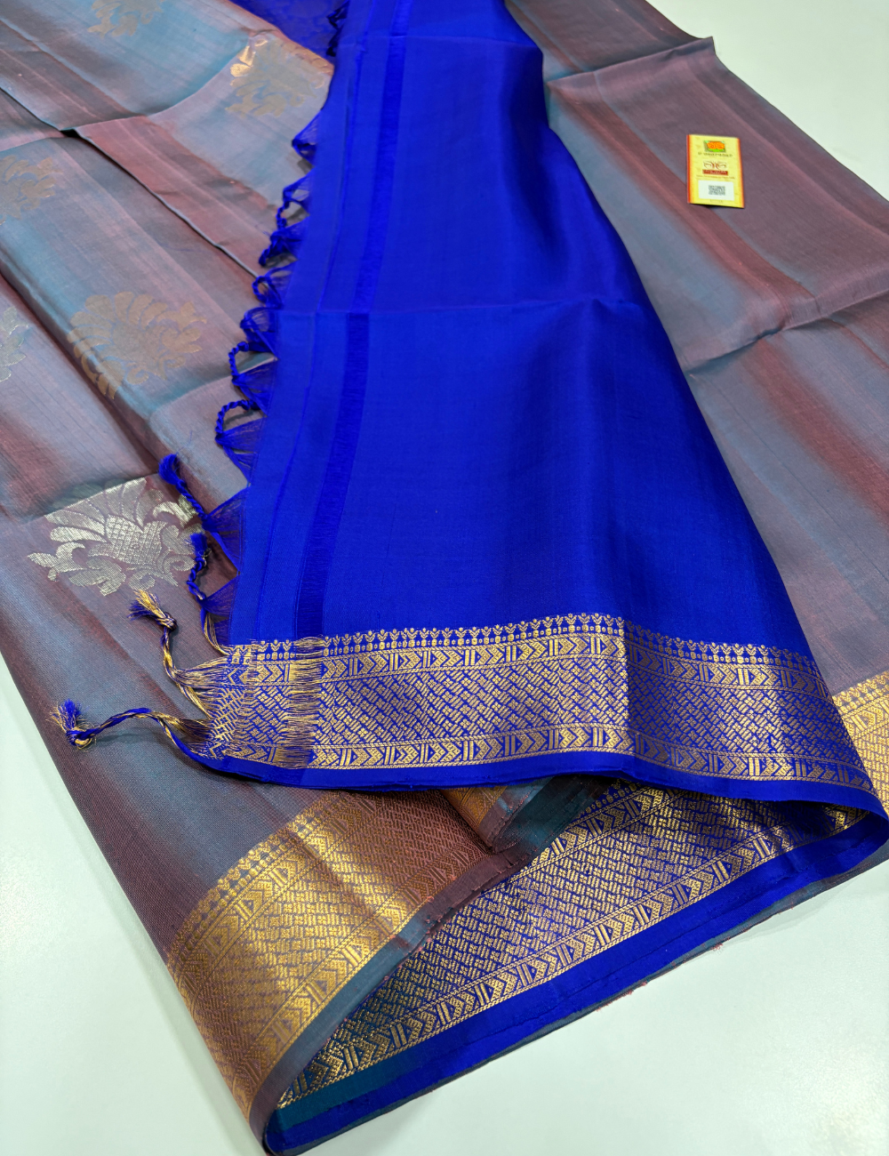 Dusty Mauve Steel Blue Dual Tone Royal Blue Pallu & Blouse Kanchi Border Handloom Pure Soft Silk Saree