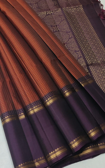 Burnt Rust & Deep Aubergine Rettapet Border Handloom Pure Softsilk Saree with Silkmark