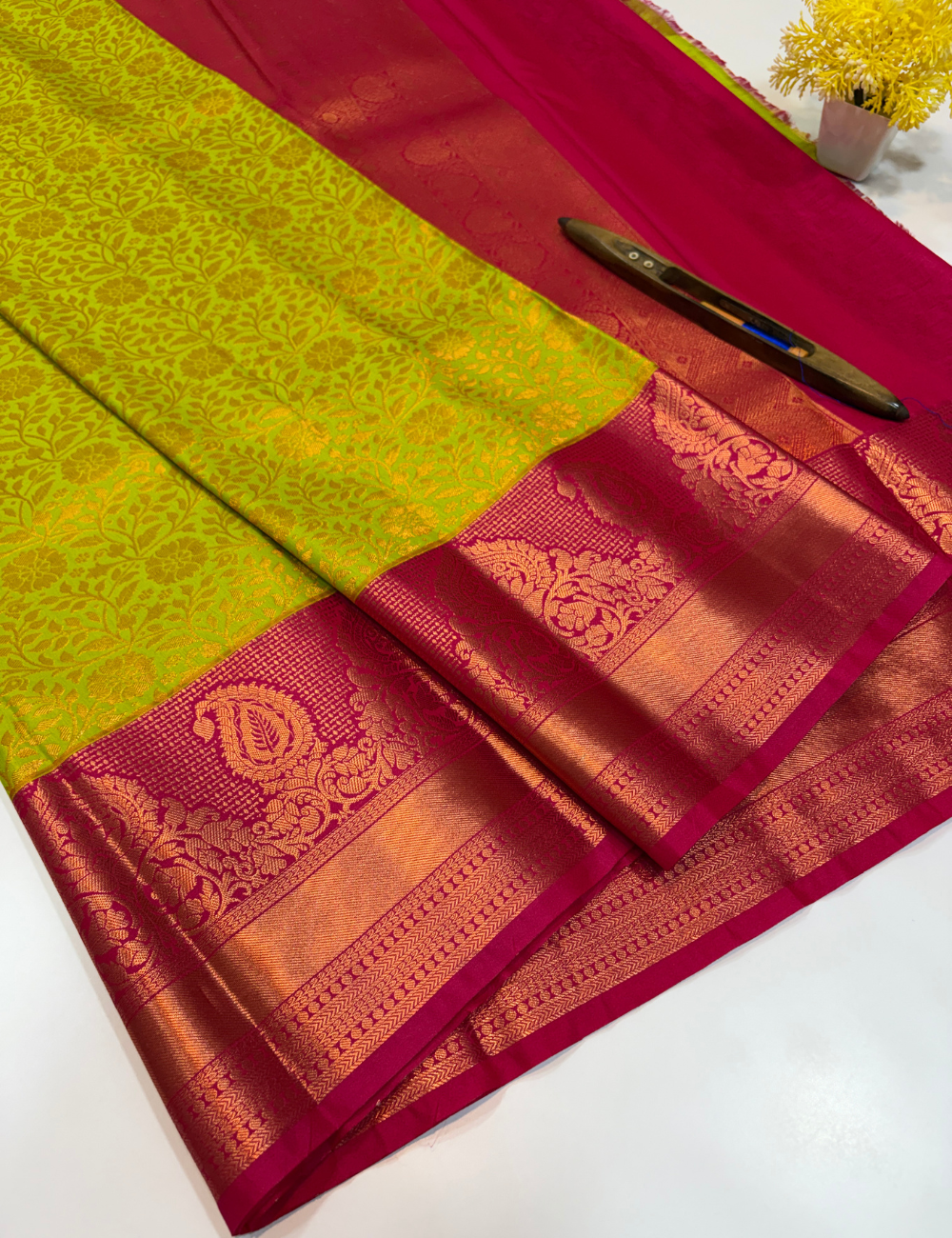 Semi Bridal Kanchi Silk Saree – Parrot Green with Magenta Pink
