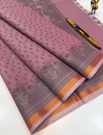 Smoky Lavender Semi Silk Cotton Saree with Gold Jari Piping Border & Jacquard Blouse | Turning Border