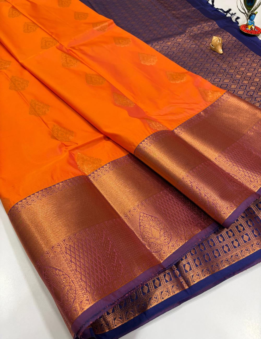 Fanta Orange Semi Soft Silk Saree with Kanchi Border | Dual Tone Blue Pallu & Blouse