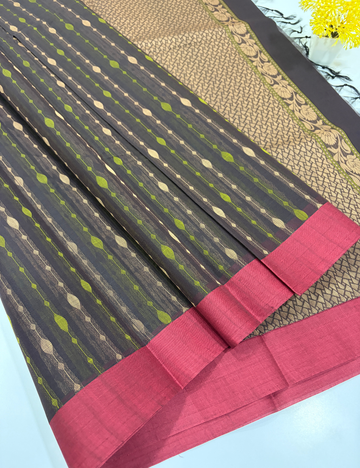 Negamam Pure Cotton Vairaoosi Stripes Saree – Charcoal Grey with Pink Border