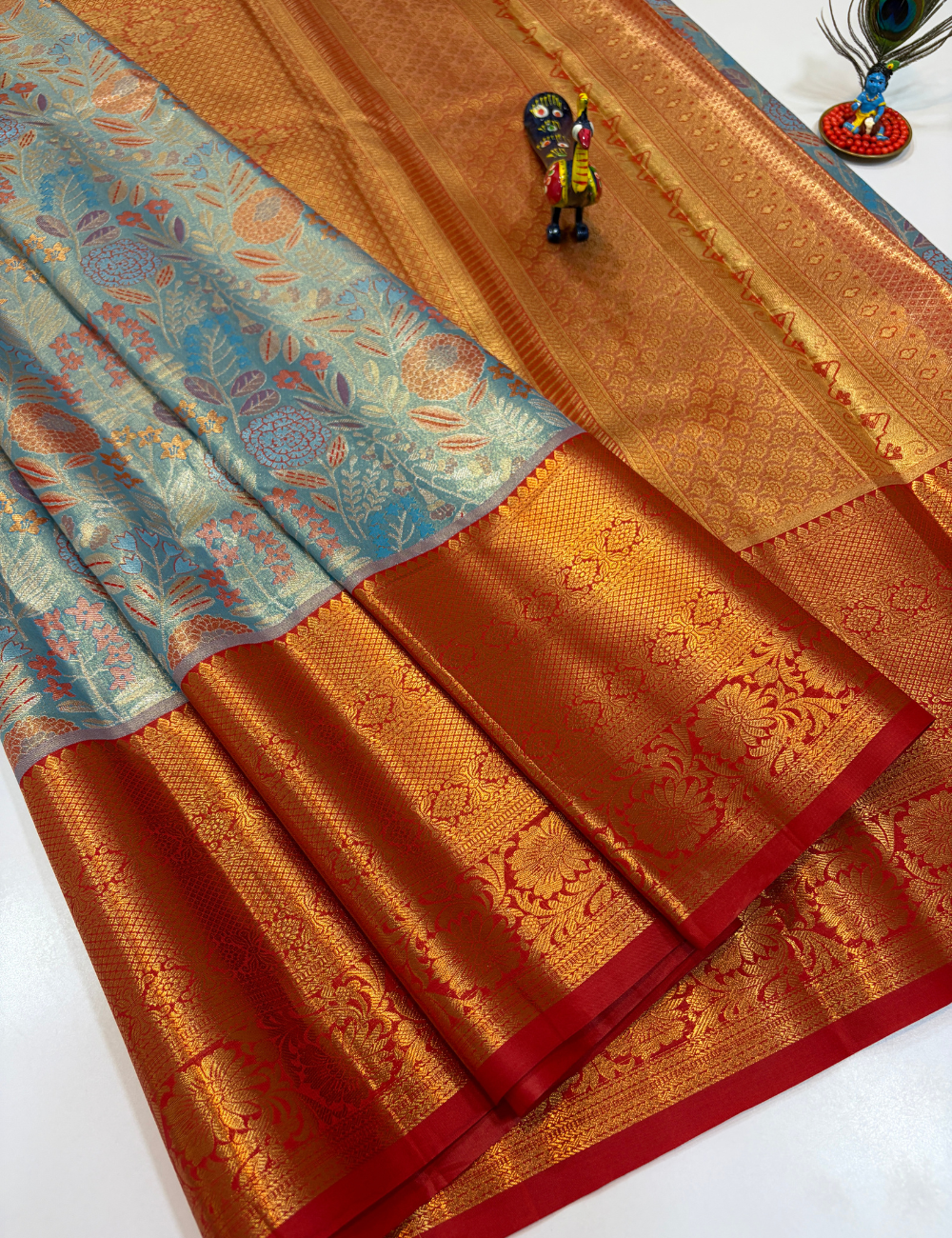 Silver Grey with Red Korvai Contrast Tissue Semi Bridal Silk Saree | Full Brocade Weaving | Aadithya Handlooms