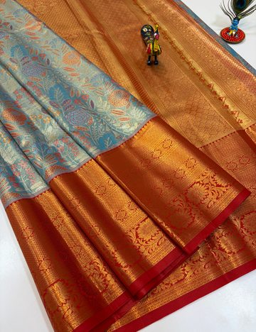 Silver Grey with Red Korvai Contrast Tissue Semi Bridal Silk Saree | Full Brocade Weaving | Aadithya Handlooms