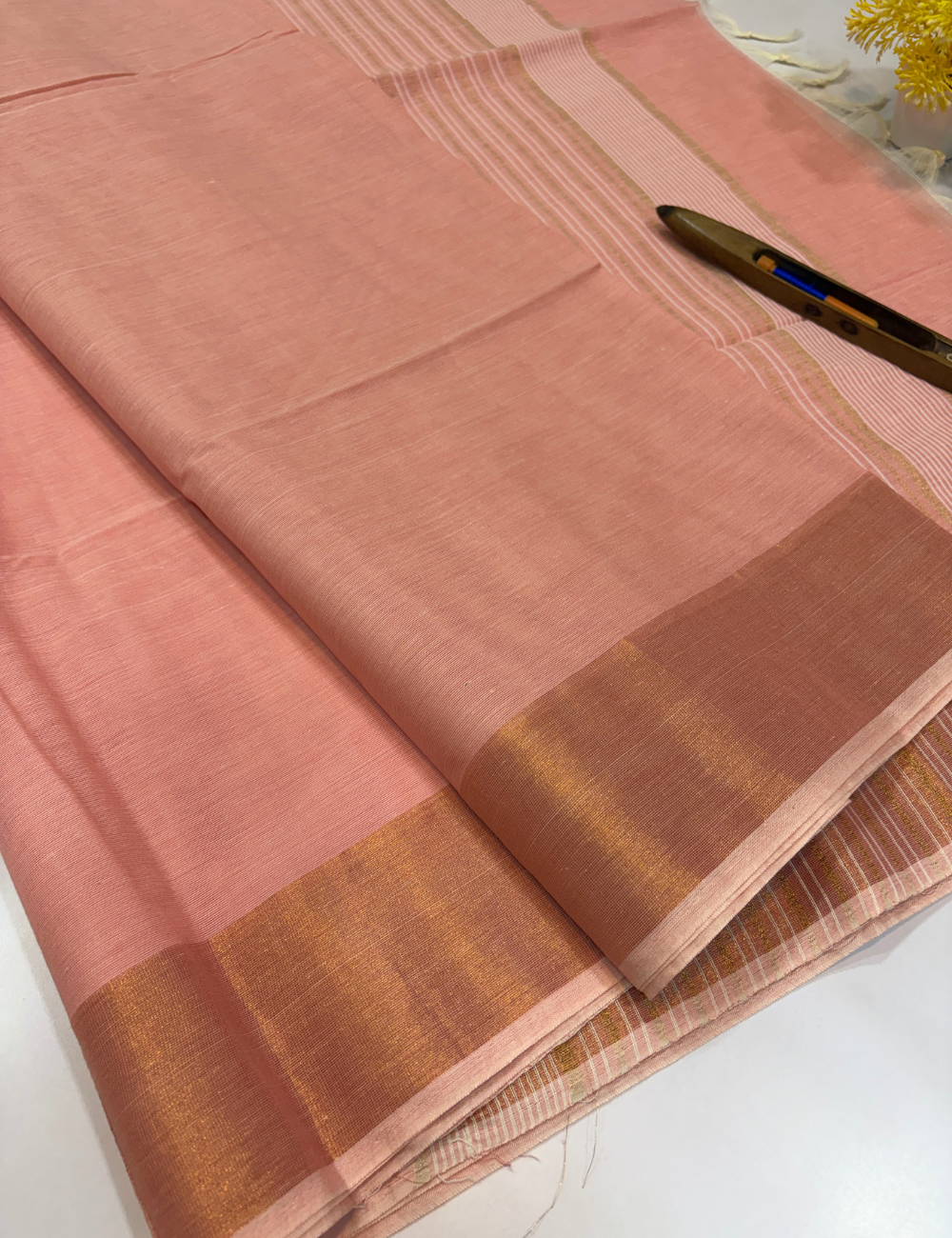 Negamam Pure Cotton Saree in Soft Peach Pink with Plain Body & Copper Zari Border | Self Colour Pallu & Blouse