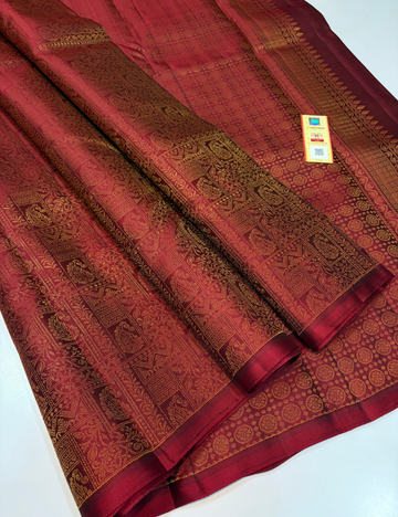 Dark Arakku Handloom Pure Soft Silk Saree with Full Gold Zari Brocade Weaves, Borderless Design & Matching Blouse | Silk Mark Certified