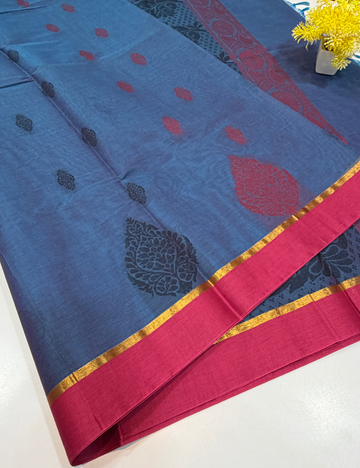Negamam Pure Cotton Saree – Steel Blue with Ruby Pink Border
