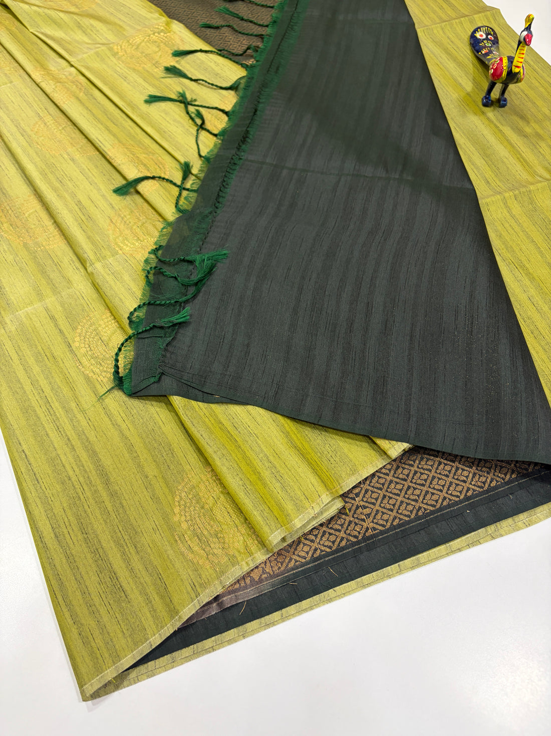 Olive-Lime Green with Dark Olive-Black – Handloom Semi Raw Softsilk Saree