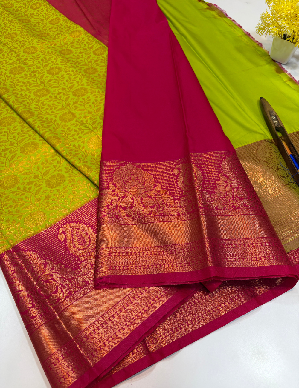 Semi Bridal Kanchi Silk Saree – Parrot Green with Magenta Pink