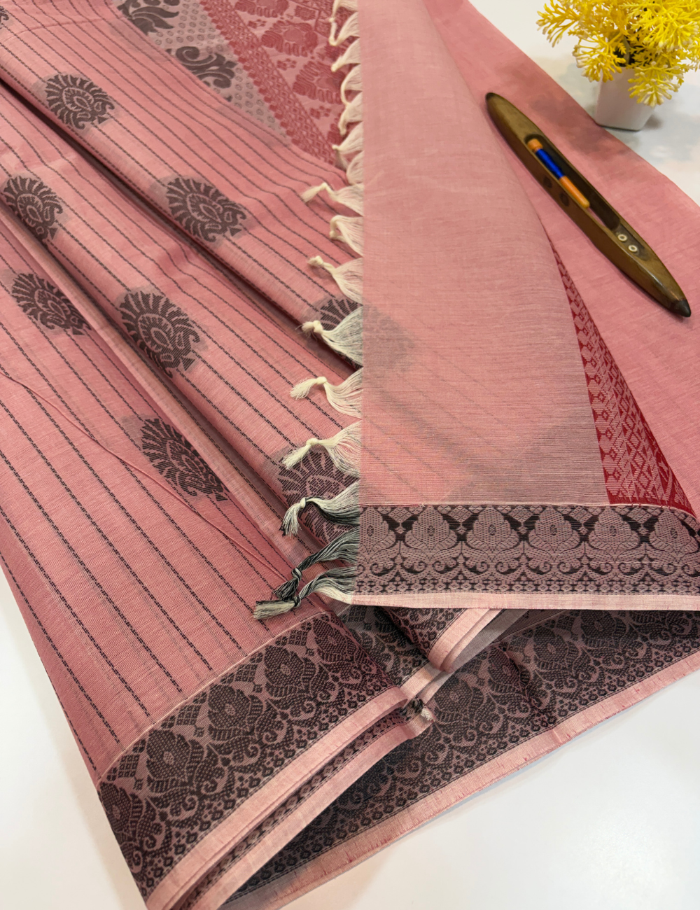 Mauve Pink Negamam Pure Cotton Saree – Vairaoosi Stripes with Thread Butta & Contrast Border | Plain Blouse Included