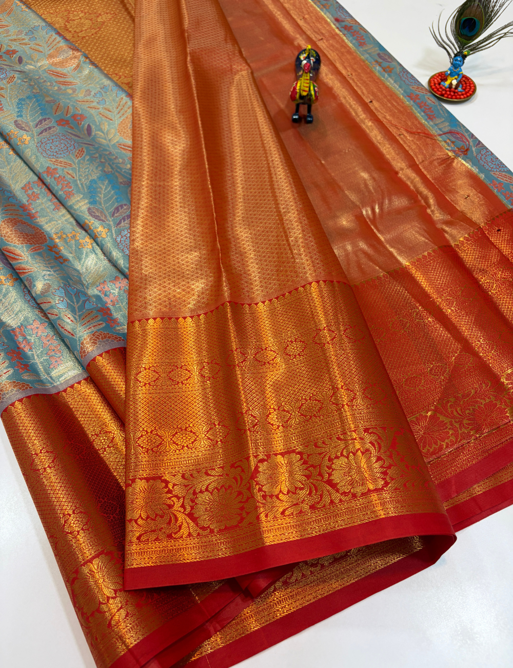 Silver Grey with Red Korvai Contrast Tissue Semi Bridal Silk Saree | Full Brocade Weaving | Aadithya Handlooms