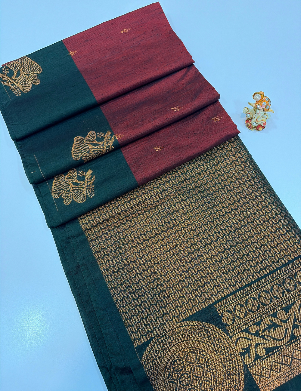 Deep Maroon with Bottle Green Contrast Border Dubion Semi Softsilk Saree – Handloom