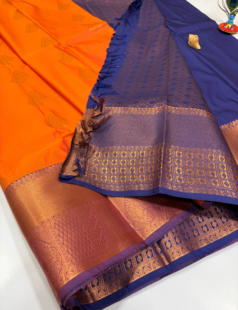 Fanta Orange Semi Soft Silk Saree with Kanchi Border | Dual Tone Blue Pallu & Blouse