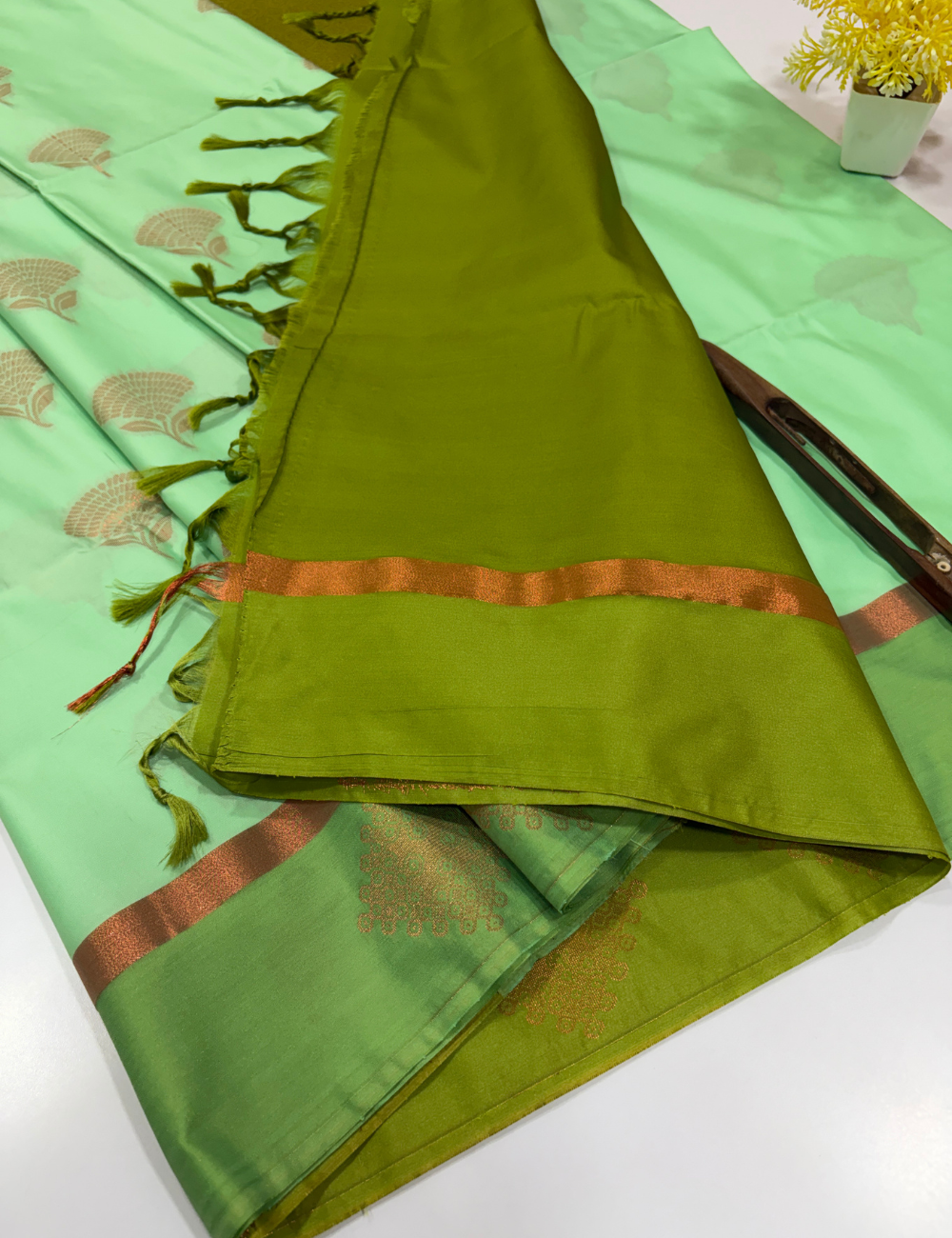 Semi Softsilk Saree in Rexona Green with Parrot Green Contrast Border