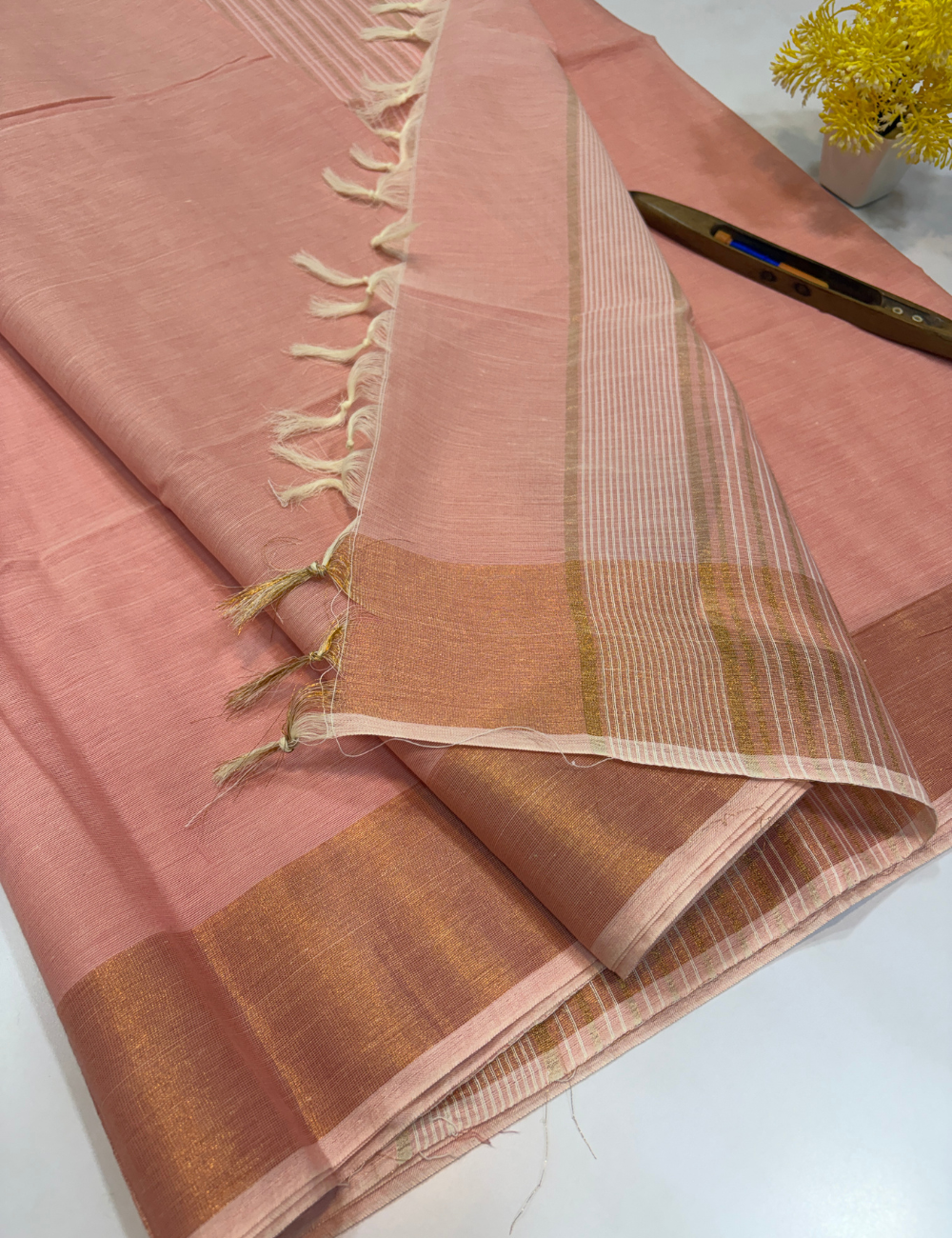 Negamam Pure Cotton Saree in Soft Peach Pink with Plain Body & Copper Zari Border | Self Colour Pallu & Blouse