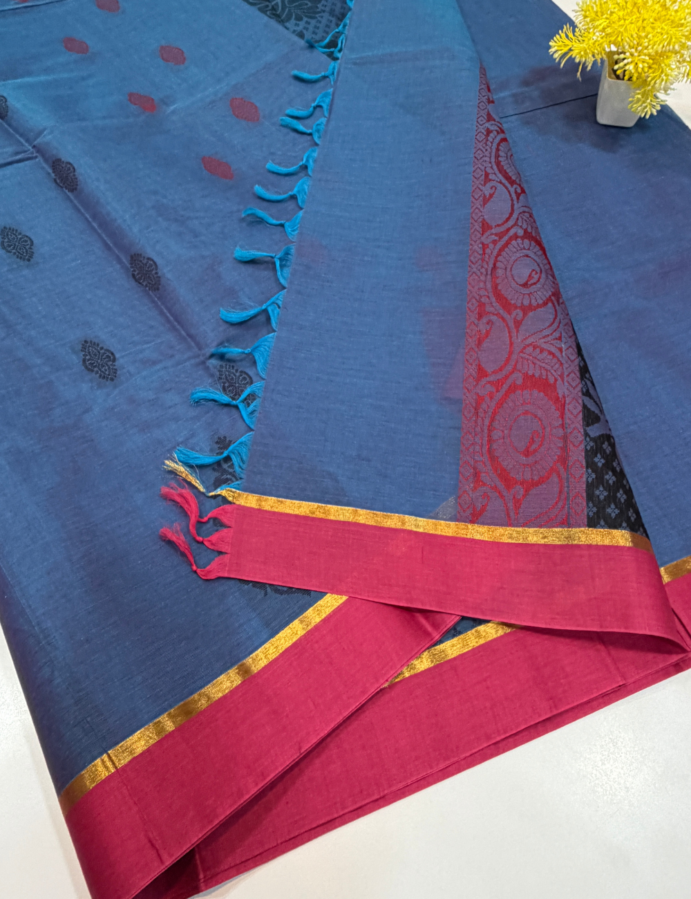Negamam Pure Cotton Saree – Steel Blue with Ruby Pink Border
