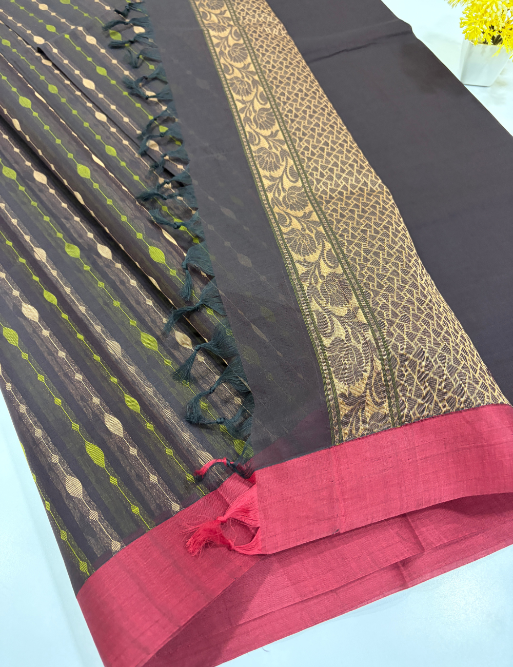Negamam Pure Cotton Vairaoosi Stripes Saree – Charcoal Grey with Pink Border