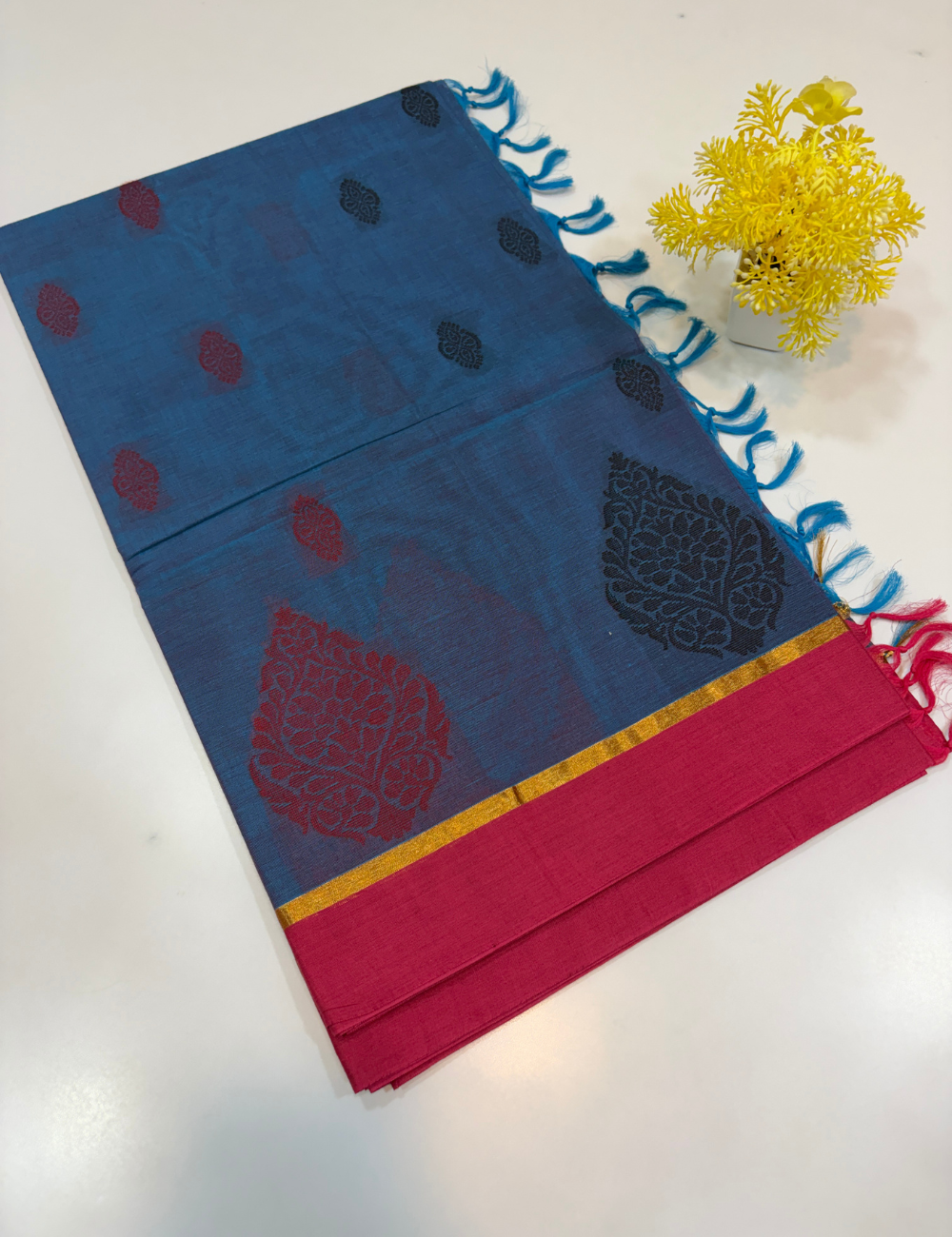 Negamam Pure Cotton Saree – Steel Blue with Ruby Pink Border