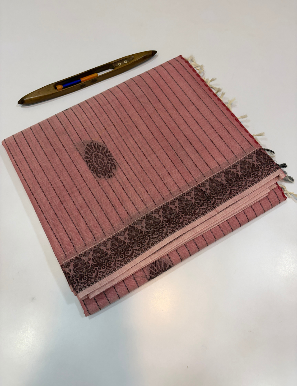 Mauve Pink Negamam Pure Cotton Saree – Vairaoosi Stripes with Thread Butta & Contrast Border | Plain Blouse Included
