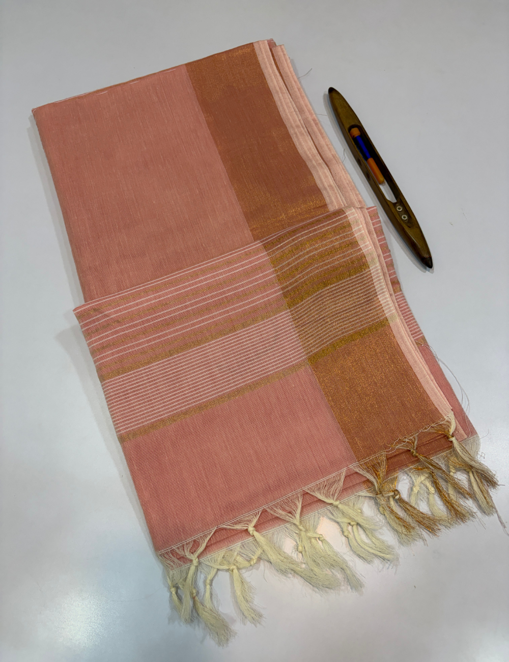 Negamam Pure Cotton Saree in Soft Peach Pink with Plain Body & Copper Zari Border | Self Colour Pallu & Blouse