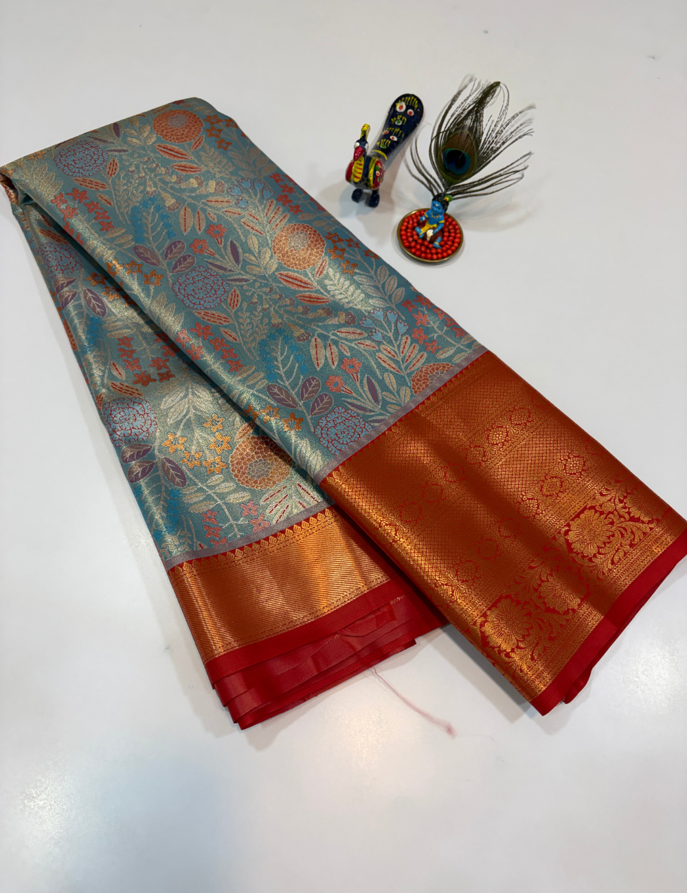 Silver Grey with Red Korvai Contrast Tissue Semi Bridal Silk Saree | Full Brocade Weaving | Aadithya Handlooms