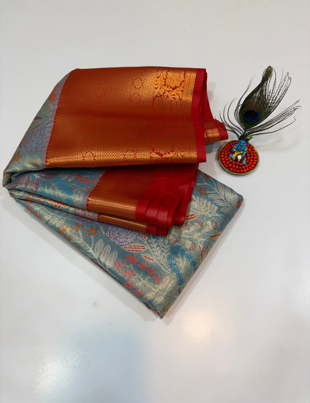 Silver Grey with Red Korvai Contrast Tissue Semi Bridal Silk Saree | Full Brocade Weaving | Aadithya Handlooms