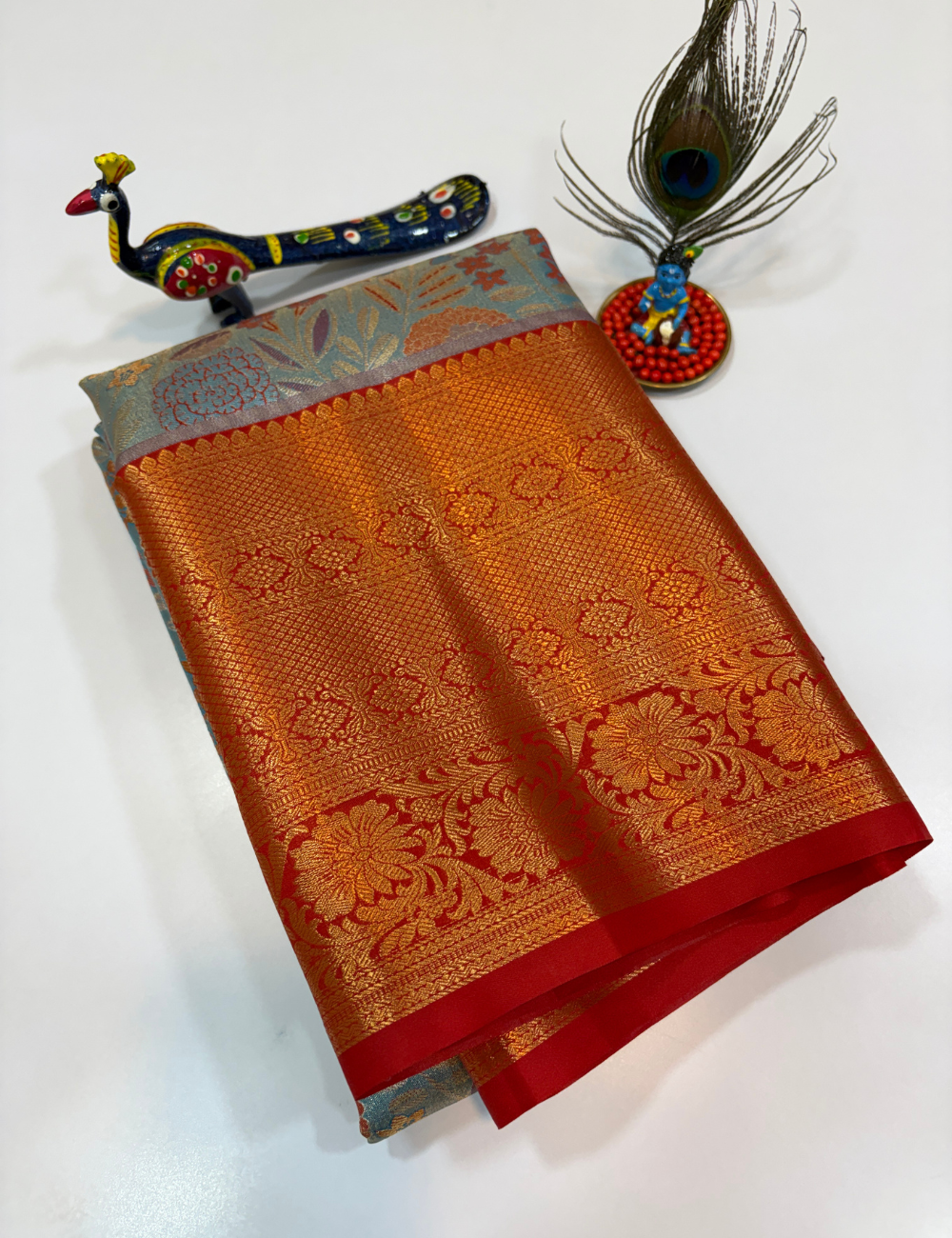 Silver Grey with Red Korvai Contrast Tissue Semi Bridal Silk Saree | Full Brocade Weaving | Aadithya Handlooms