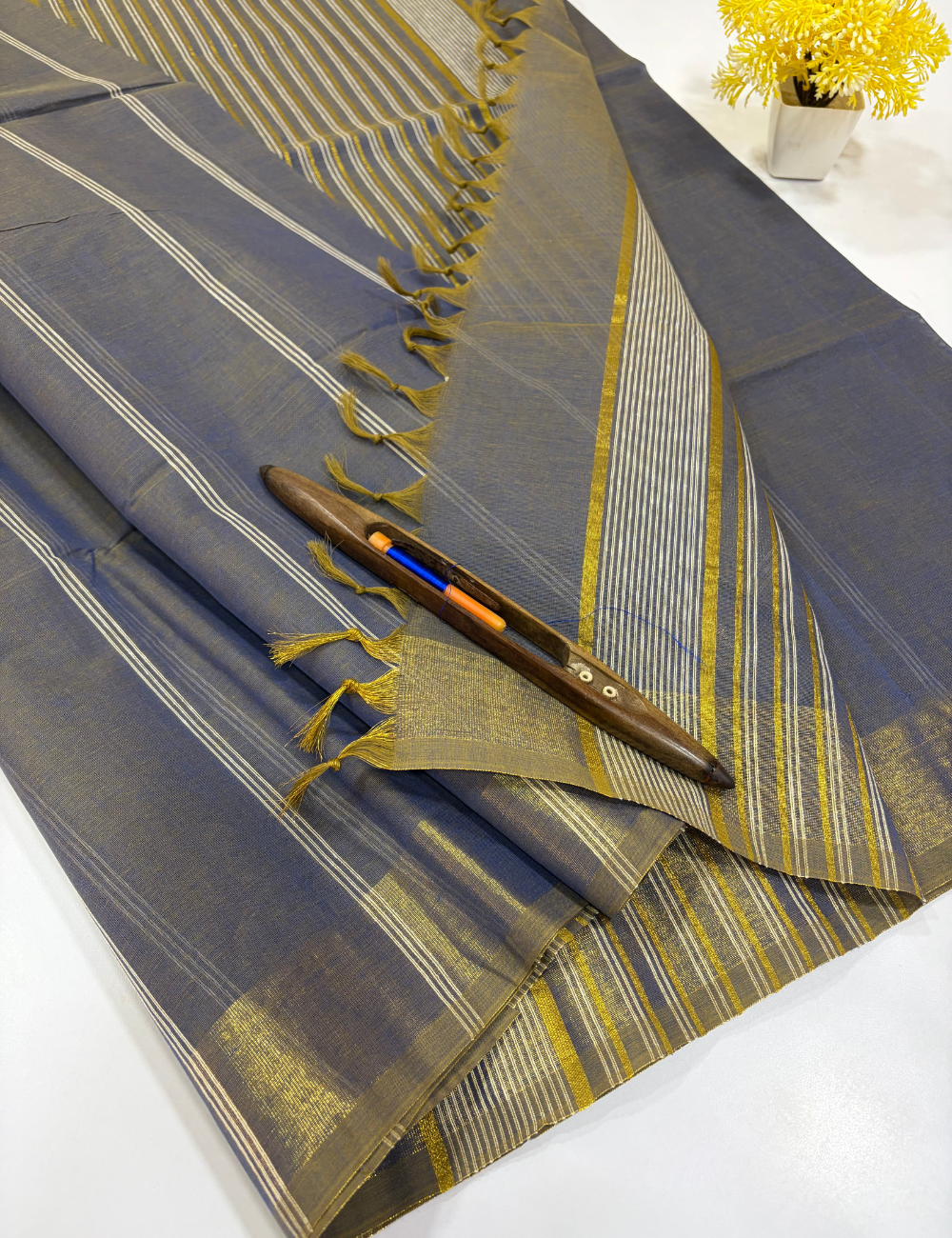 Steel Grey Pure Cotton Saree with Antique Gold Jari Border