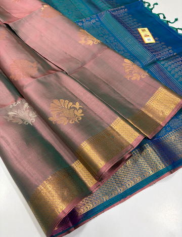 Dusky Rose Dual Tone Peacock Green Pallu & Blouse Kanchi Border Handloom Pure Soft Silk Saree