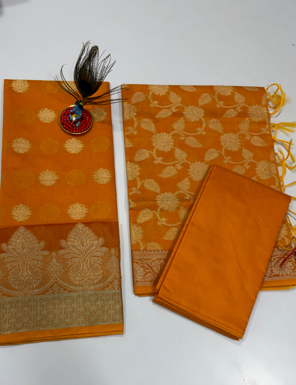 Mango Orange Handloom Silk Cotton 3 Pc Salwar Set with Self Weave Floral Jacquard | Vibrant Monotone Ethnic Dress Material
