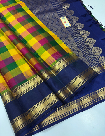 Multi Colour Palum Pazhamum Multi-Check Handloom Pure Soft Silk Saree with Karu Neelam Rettapet Tie and Dye Contrast Border | Silk Mark Certified