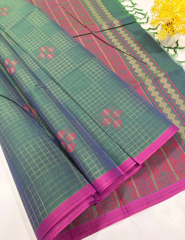 Pure Cotton Pochampally Fancy Checked Saree | Teal Green & Magenta