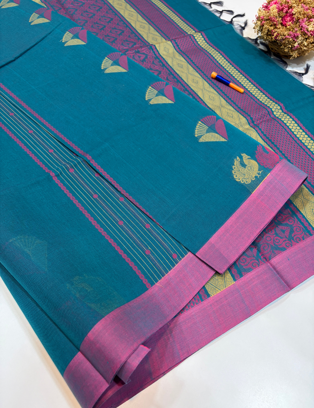 Negamam 80s Count Pure Cotton Saree in Rama Blue with Contrast Border | Without Jari | Self Colour Pallu | Plain Blouse