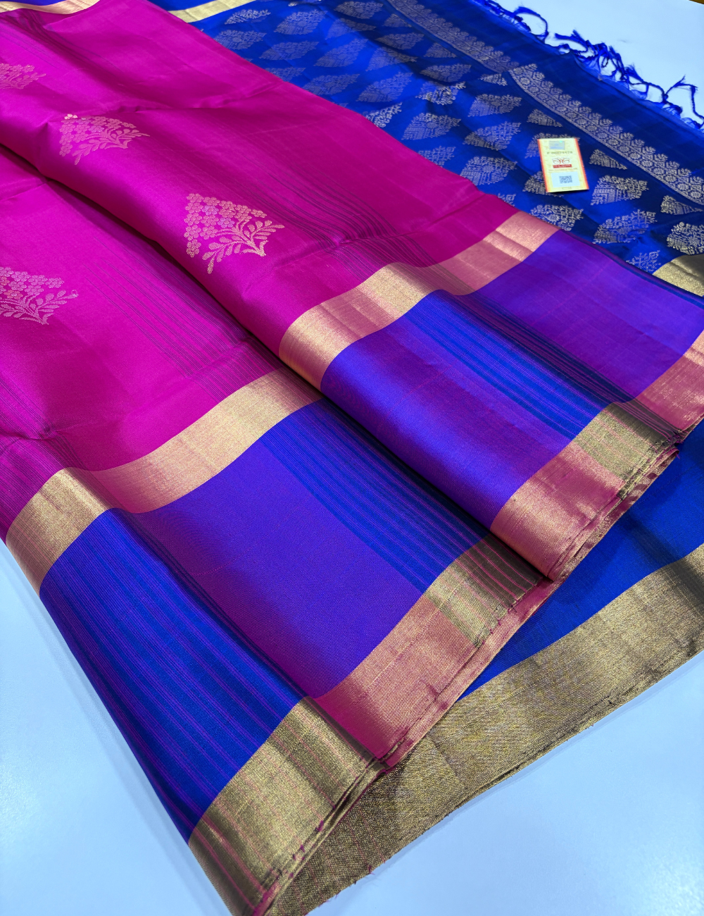 Tie & Dye Contrast Rettapet Border Meena Butta Handloom Pure Soft Silk Saree – Rani Pink & Royal Blue