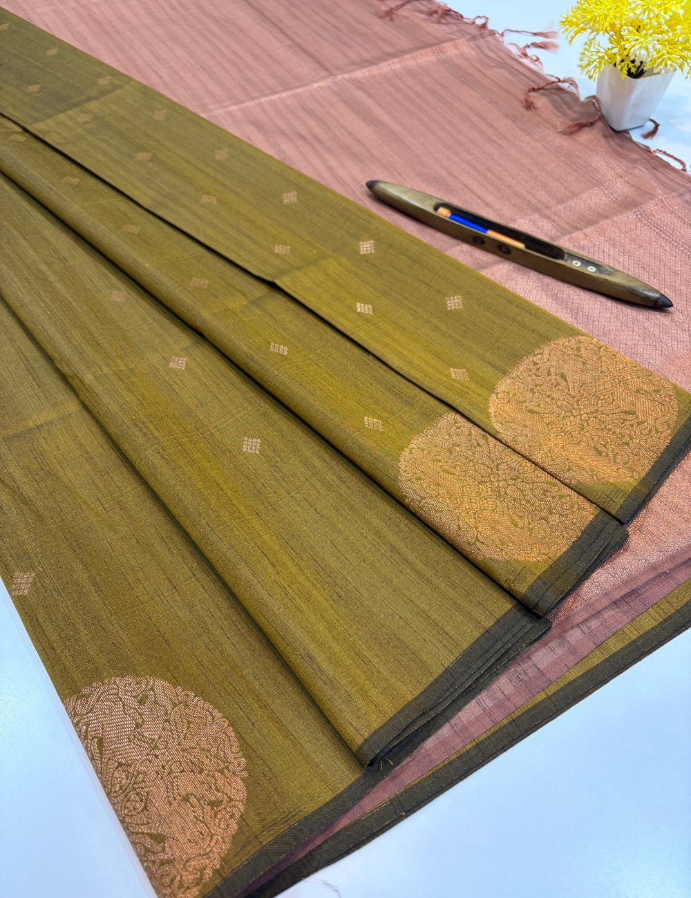 Aurelia Soft Silk Saree – Olive Gold with Dusty Rose