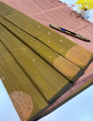 Aurelia Soft Silk Saree – Olive Gold with Dusty Rose