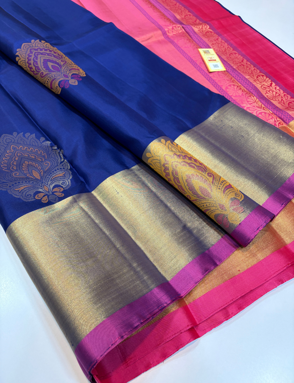 Navy Blue Handloom Pure Soft Silk Saree with Silk Mark | Lotus Pink Pallu & Blouse with Meena Butta Weaves