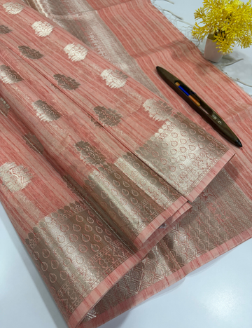 Peach Matka Silk Cotton Saree with Full Zari Butta | Rich Zari Border & Brocade Blouse