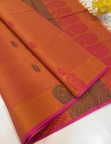 Mustard Orange Negamam Handloom Pure Cotton Saree with Mango Thread Putta & Pink Contrast Piping Border | 100-Count Cotton